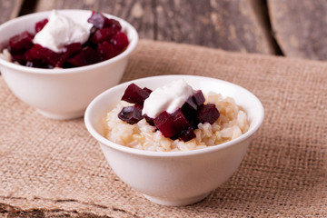 rice with beet and sour cream