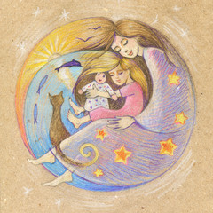 Mother, child, sleep. Card. Hand drawing. 
