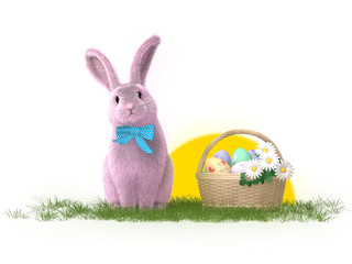 A funny pink rabbit and Easter eggs in spring time.