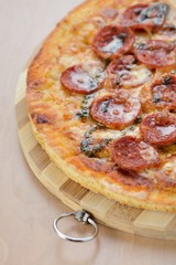 Overhead view of pepperoni pizza