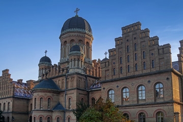 Fototapeta na wymiar Cathedral made from brown bricks of Chernivtsi State Univercity