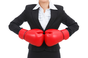 Asian business woman with boxing gloves isolated on white backgr