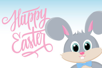 Cute easter bunny with Happy Easter greetings. Happy Easter greeting card. Handwritten inscription Happy Easter. Happy Easter lettering. Happy Easter symbol. Vector illustration.