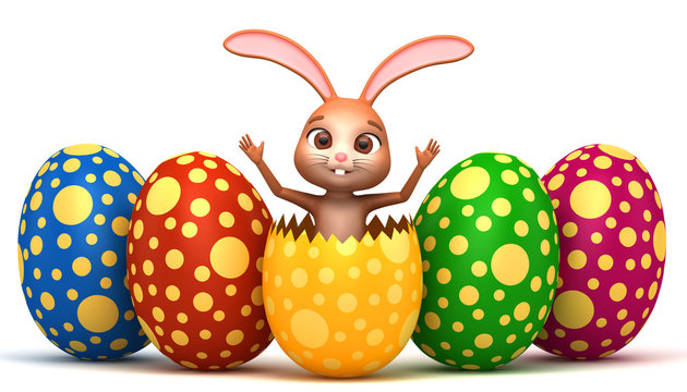 3d illustration. Easter bunny hatched from an egg on a white bac