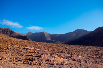 Deserted landscape with mountains on the south of Fuerteventura island in Spain