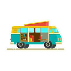 Vector illustration retro camper van.The journey by car. Small camper van with with accessories. Retro camper van luggage. Car for the whole family. Car family isolated