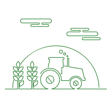 Thin line flat design of rural landscape. Thin line abstract countryside with tractor, sun and corn. Vector illustration concept of rural life. rural landscape in thin lines