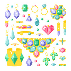 Set of cartoon jewelry accessories items vector illustration.