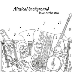 Musical background made of different musical instruments, treble clef and notes. Black and white colors. Set of line icons in music theme. Good for coloring books. Vector illustration.