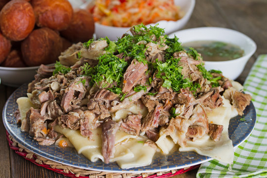 Kazakh national dish of meat and dough - Beshbarmak