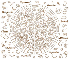 Set of round hot delicious tasty pizza in line style. Vector illustration of pizza Marhgerita, Pepperoni, Seafood, Hawaiian, Mexican, Cheese, Mushroom, Marinara, Vegetarian. Info graphic elements.