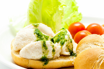 Salt cod brandade with parsley sauce on bread