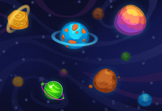 Creative Illustration and Innovative Art: Colorful Planets isolated on Dark Background. Realistic Fantastic Cartoon Style Artwork Scene, Wallpaper, Story Background, Card Design
