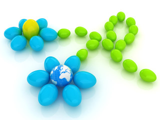 Eggs in the shape of a flower with Earth. Global holiday concept