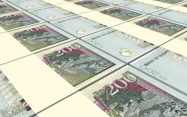 Mauritian rupee bills stacked background. Computer generated 3D photo rendering.