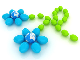 Eggs in the shape of a flower with Earth. Global holiday concept