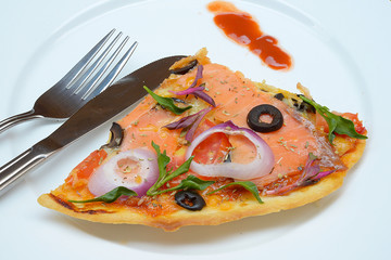 Pizza with tomato, salami and olives