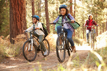Fototapeta na wymiar Grandparents With Children Cycling Through Fall Woodland