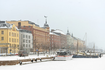 Snowfall and blizzard in Helsinki. North Harbour is hardly visible through snow wall