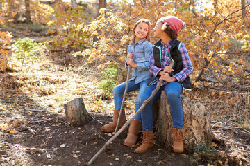 Two Girls Playing In Autumn Woods Together