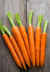 Fresh carrots bunch on rustic wooden background.