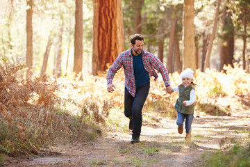 Obraz premium Father And Daughter Running Through Fall Woodland