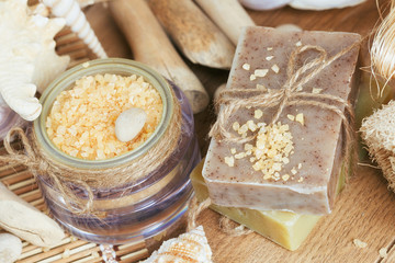 Composition of spa treatment on wooden background