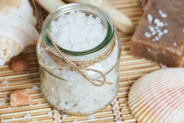 Composition of spa treatment on wooden background