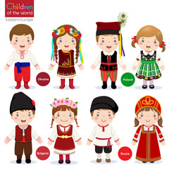 Kids in different traditional costumes (Ukraine, Poland, Bulgari
