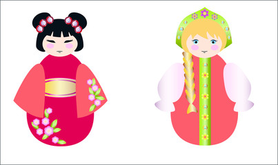 Russian dolls and the Chinese  doll together on white