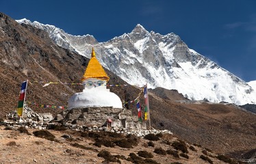 Stupa and Dingboche village with mount Lhotse