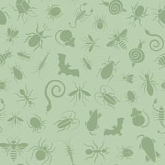 Vector green seamless pattern or background for website of different insects like scorpions, bed bugs and termites for pest control companies. Included some animals like bats, moles, mice and snakes. - 104821950