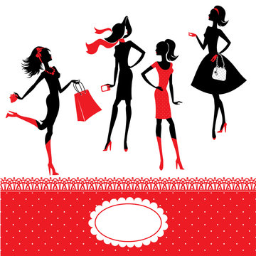 Set of silhouettes of fashionable girls on a white background