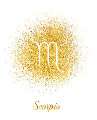 Sign of the zodiac Scorpio on a background of gold sparkles.