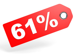 61 percent red discount tag on white background.