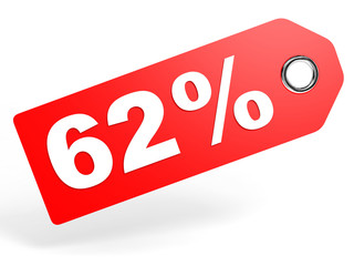62 percent red discount tag on white background.