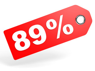89 percent red discount tag on white background.