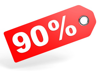 90 percent red discount tag on white background.