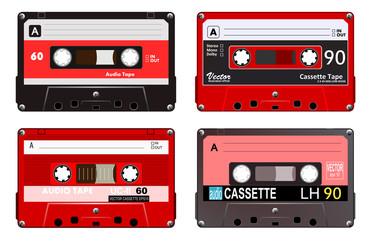 Collection of four plastic audio cassettes tape. Different colorful music tapes. Red set. old technology, realistic retro design, vector art image illustration, isolated on white background eps10