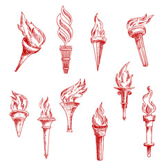 Red flaming torches sketch icons © Vector Tradition