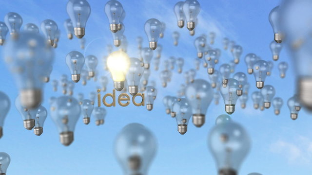 Panning around a large group of blank light bulbs with one lit demonstrating a conceptual idea forming