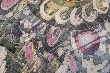 Fototapeta na wymiar Flower, fragment, hot batik, background texture, handmade on silk abstract surrealism art