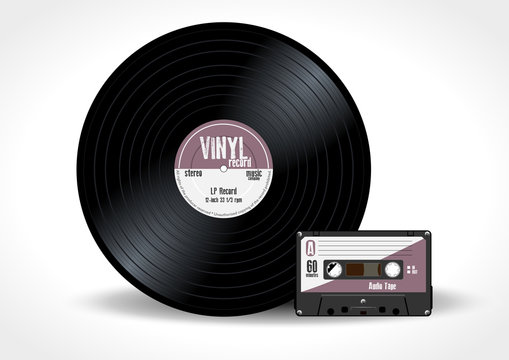 Gramophone vinyl record and music cassette with purple label. Long play album disc 33 rpm and compact audio tape - realistic retro design, vector art image illustration, isolated on white background
