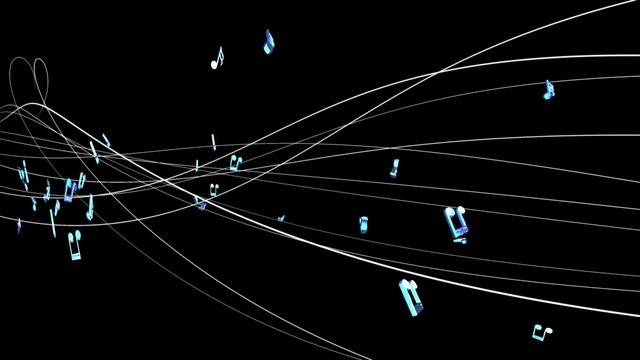 3d seamless music notes flowing with abstract line tune on black isolated background. Seamless animation in 4k ultra hd loop