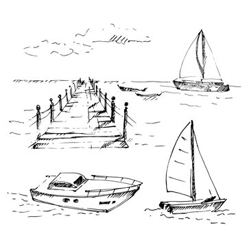 Hand drawn set with wooden pier at sea with cloudscape. Sketch. Vector illustration.