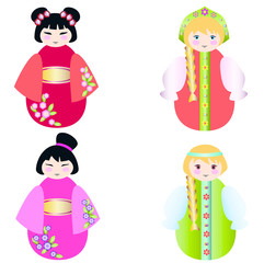 Russian dolls and the Chinese  doll together on white