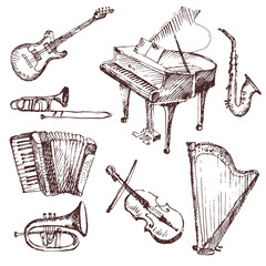Hand drawn musical instruments. Sketch. Vector illustration.