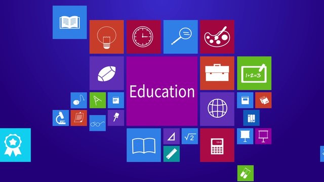Trendy computer or mobile application app program animation of flat education academic icon in many subjects in colorful geometric square block background with header text 4k ultra HD