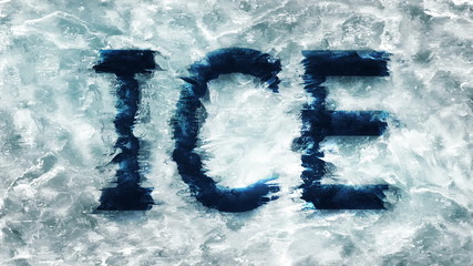 Ice text appearing in a frozen ice block rising to the surface as a conceptual idea