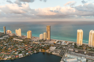 Miami Beach, Florida. Amazing sunset view from helicopter